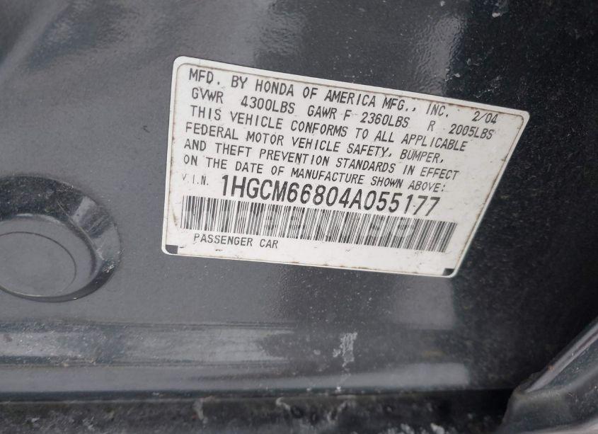 Photo 9 of 2004 Honda Accord 3.0 EX (VIN 1HGCM66804A055177)