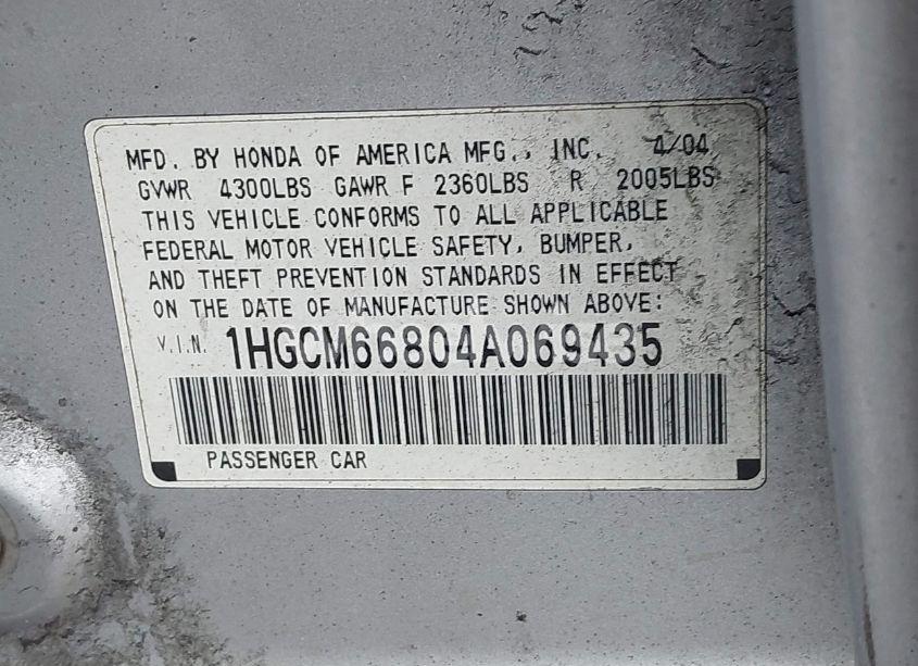 Photo 9 of 2004 Honda Accord 3.0 EX (VIN 1HGCM66804A069435)