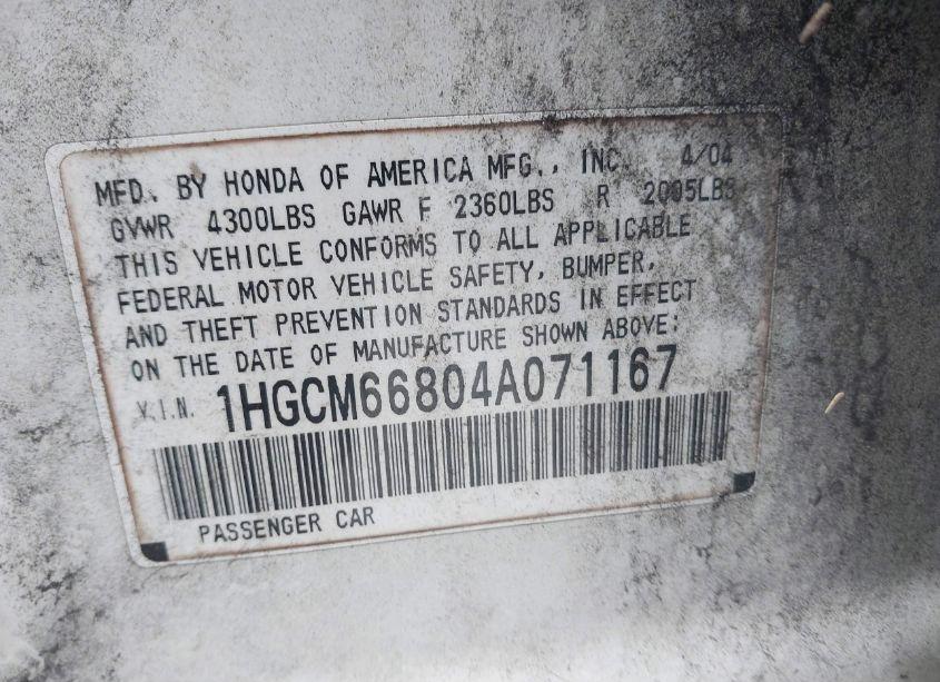 Photo 9 of 2004 Honda Accord 3.0 EX (VIN 1HGCM66804A071167)
