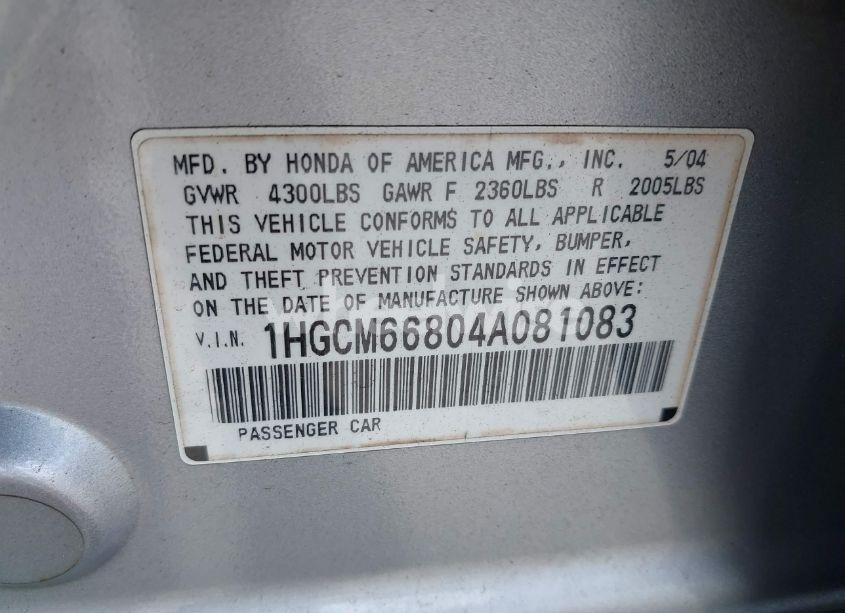 Photo 9 of 2004 Honda Accord 3.0 EX (VIN 1HGCM66804A081083)