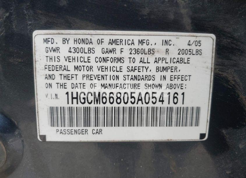 Photo 9 of 2005 Honda Accord 3.0 EX (VIN 1HGCM66805A054161)