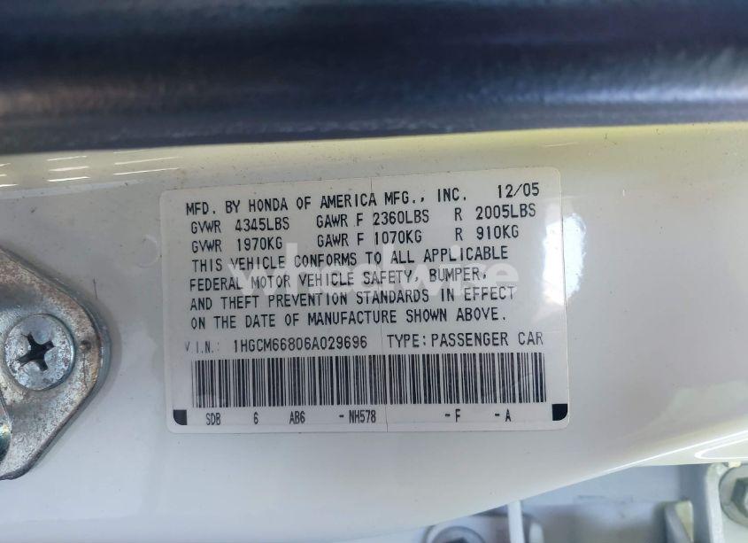 Photo 9 of 2006 Honda Accord 3.0 EX (VIN 1HGCM66806A029696)