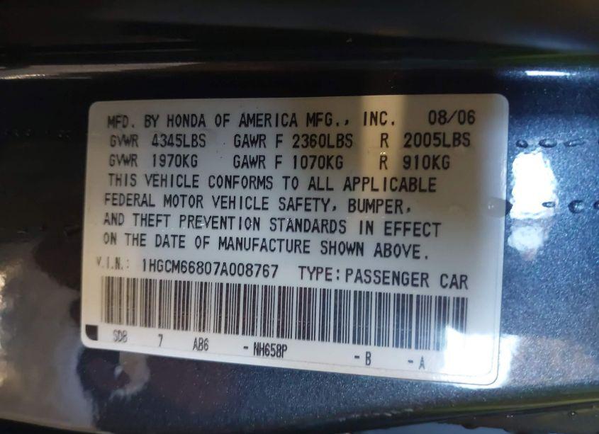 Photo 9 of 2007 Honda Accord 3.0 EX (VIN 1HGCM66807A008767)