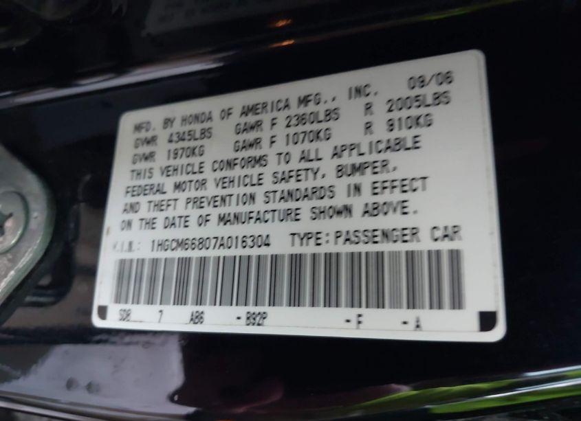 Photo 9 of 2007 Honda Accord 3.0 EX (VIN 1HGCM66807A016304)