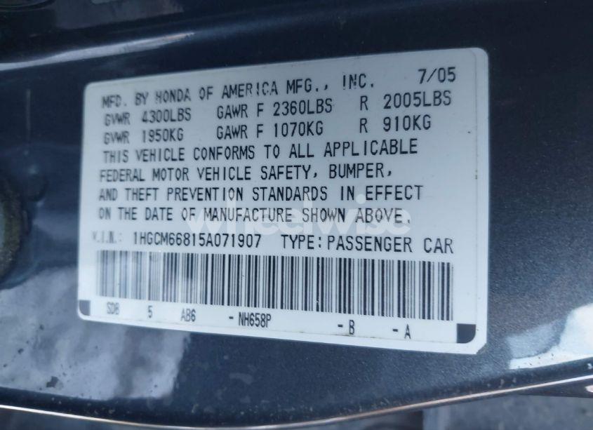 Photo 9 of 2005 Honda Accord 3.0 EX (VIN 1HGCM66815A071907)