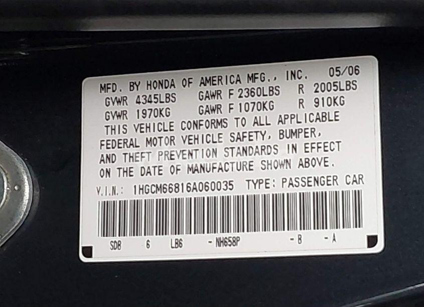 Photo 9 of 2006 Honda Accord 3.0 EX (VIN 1HGCM66816A060035)