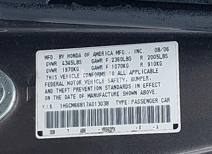 Photo 9 of 2007 Honda Accord 3.0 EX (VIN 1HGCM66817A013038)
