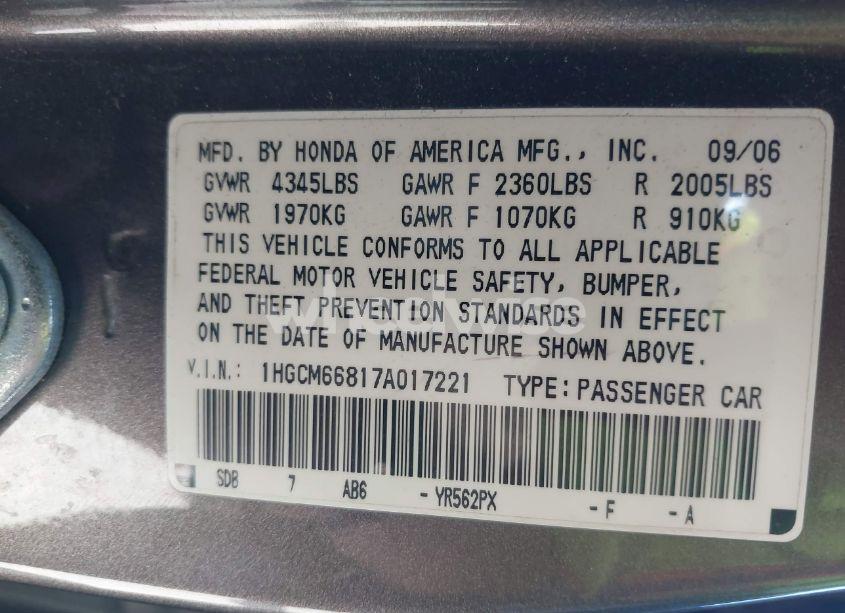 Photo 9 of 2007 Honda Accord 3.0 EX (VIN 1HGCM66817A017221)