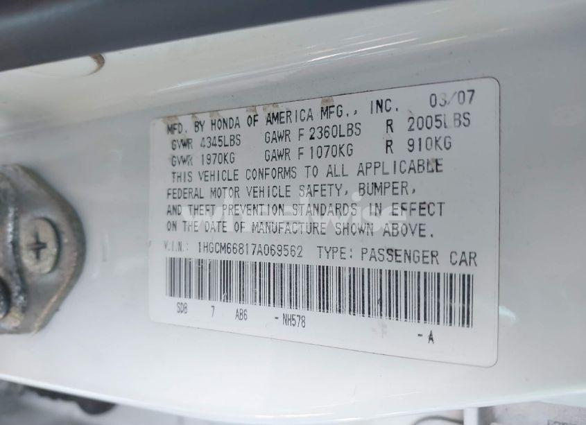 Photo 9 of 2007 Honda Accord 3.0 EX (VIN 1HGCM66817A069562)
