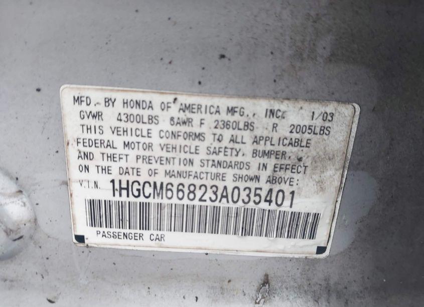Photo 9 of 2003 Honda Accord 3.0 EX (VIN 1HGCM66823A035401)
