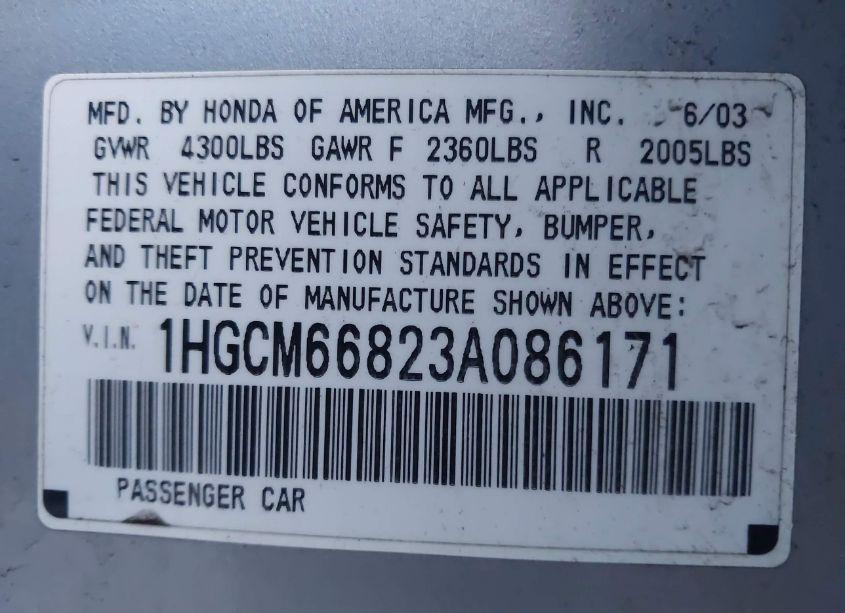Photo 9 of 2003 Honda Accord 3.0 EX (VIN 1HGCM66823A086171)