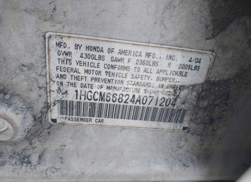 Photo 9 of 2004 Honda Accord 3.0 EX (VIN 1HGCM66824A071204)