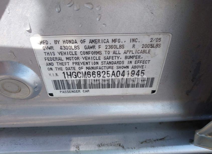 Photo 9 of 2005 Honda Accord 3.0 EX (VIN 1HGCM66825A041945)
