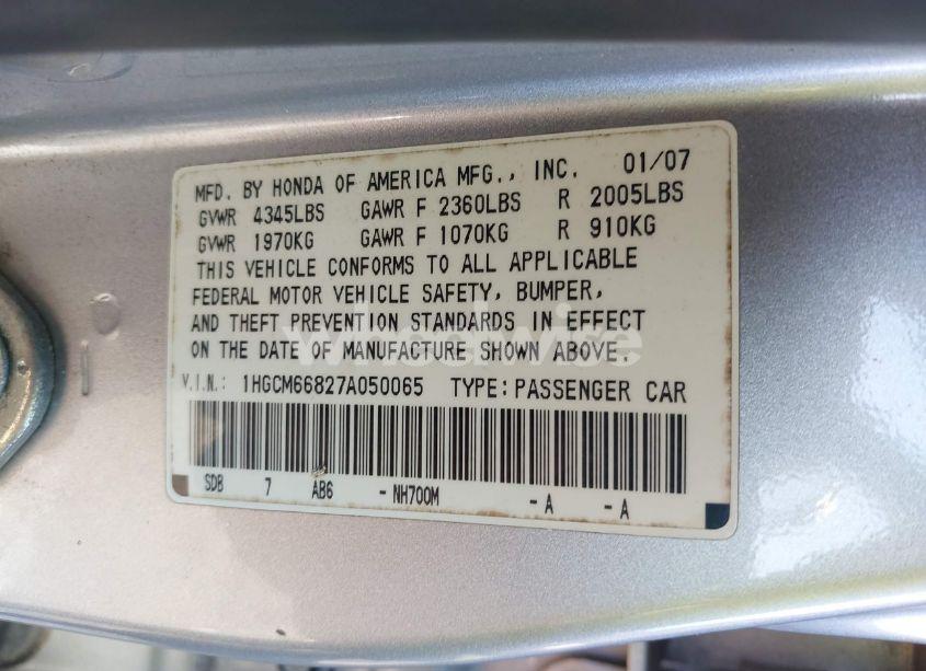 Photo 9 of 2007 Honda Accord 3.0 EX (VIN 1HGCM66827A050065)