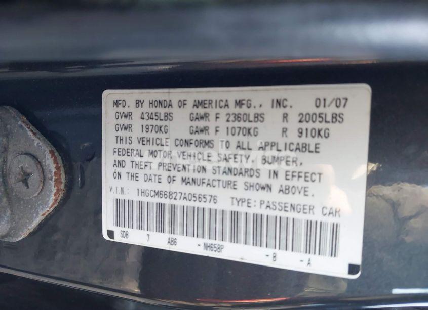 Photo 9 of 2007 Honda Accord 3.0 EX (VIN 1HGCM66827A056576)
