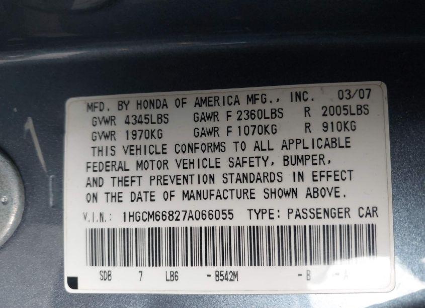 Photo 9 of 2007 Honda Accord 3.0 EX (VIN 1HGCM66827A066055)