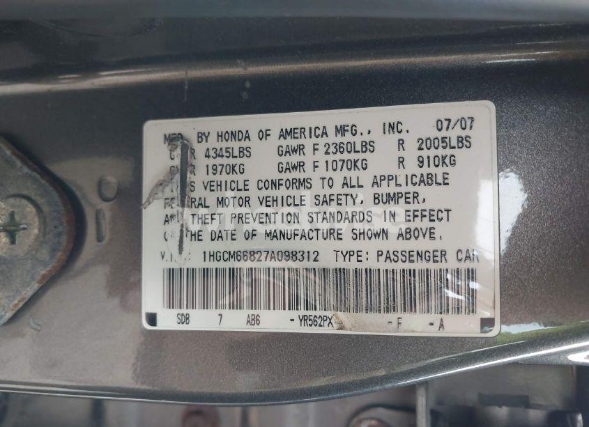 Photo 9 of 2007 Honda Accord 3.0 EX (VIN 1HGCM66827A098312)