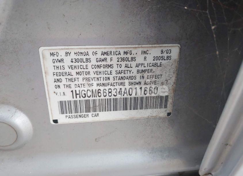 Photo 9 of 2004 Honda Accord 3.0 EX (VIN 1HGCM66834A011660)