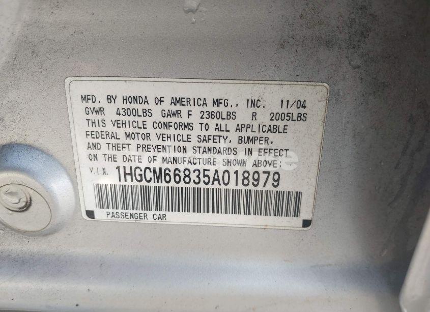 Photo 9 of 2005 Honda Accord 3.0 EX (VIN 1HGCM66835A018979)