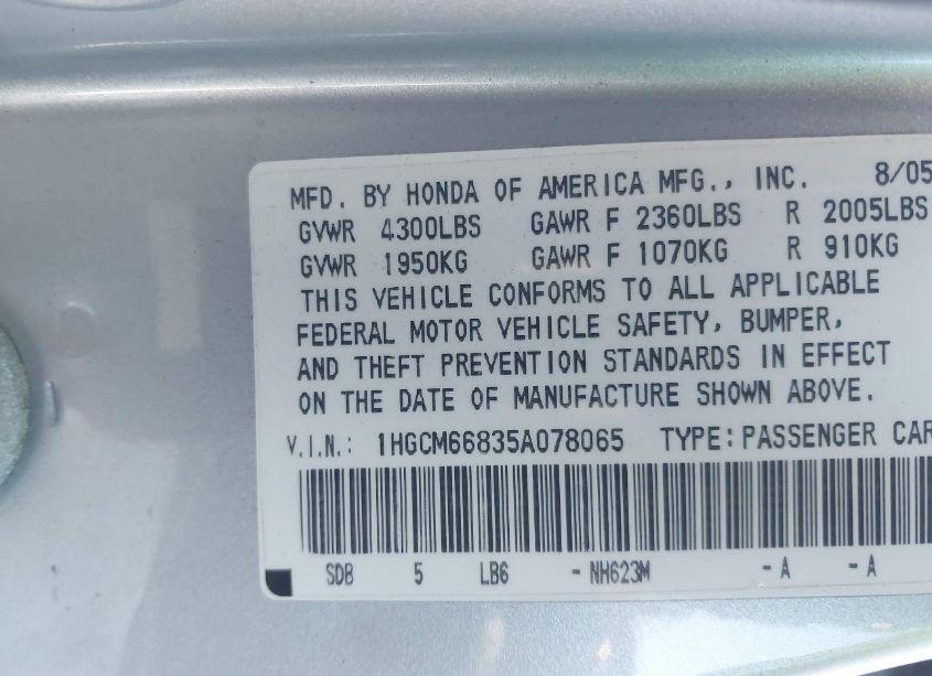 Photo 9 of 2005 Honda Accord 3.0 EX (VIN 1HGCM66835A078065)