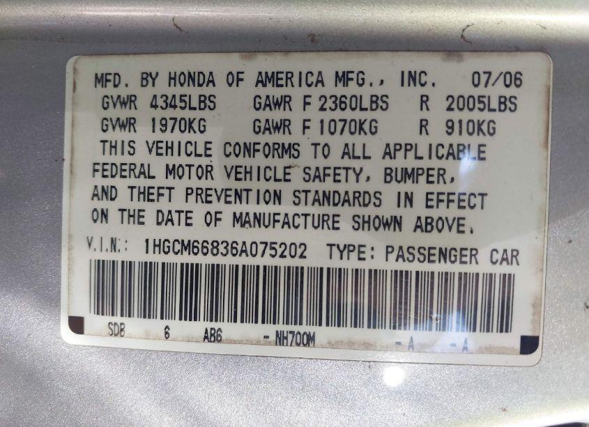Photo 9 of 2006 Honda Accord 3.0 EX (VIN 1HGCM66836A075202)