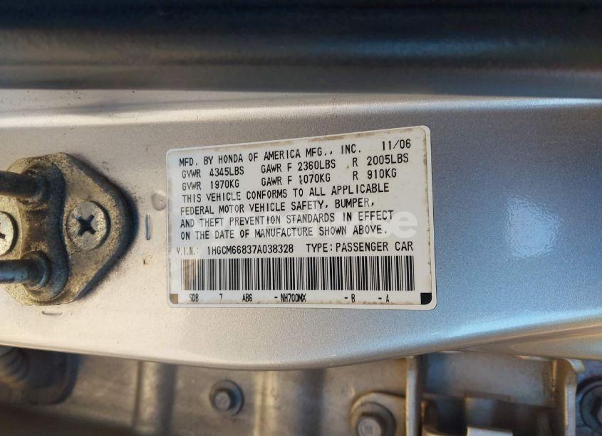 Photo 9 of 2007 Honda Accord 3.0 EX (VIN 1HGCM66837A038328)