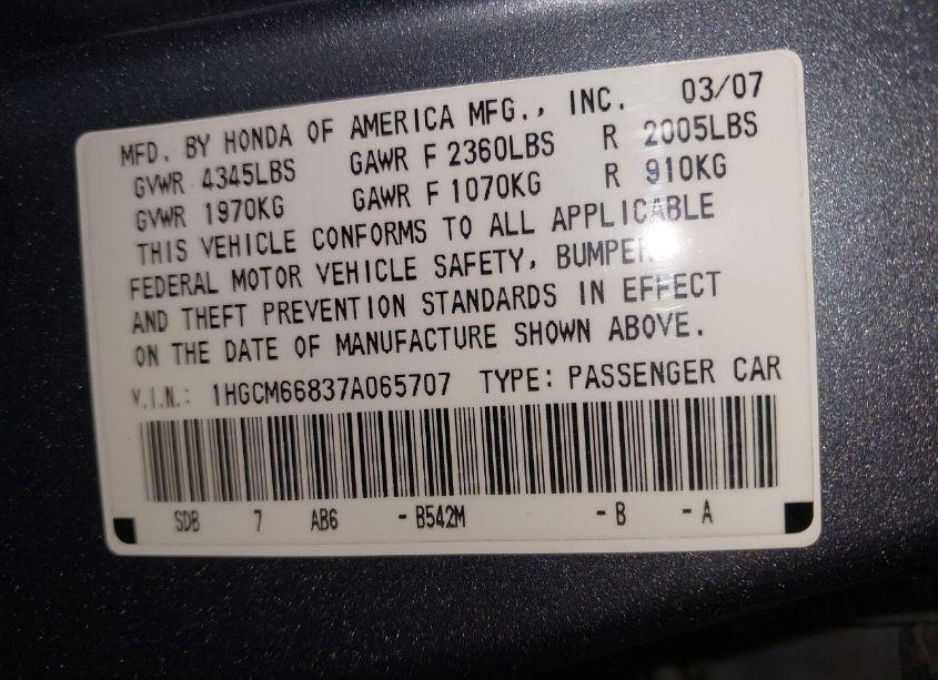 Photo 9 of 2007 Honda Accord SDN (VIN 1HGCM66837A065707)