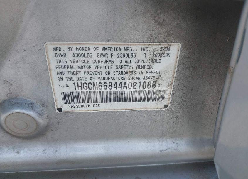 Photo 9 of 2004 Honda Accord SDN EX (VIN 1HGCM66844A081068)