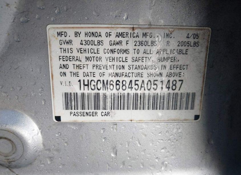 Photo 9 of 2005 Honda Accord 3.0 EX (VIN 1HGCM66845A051487)