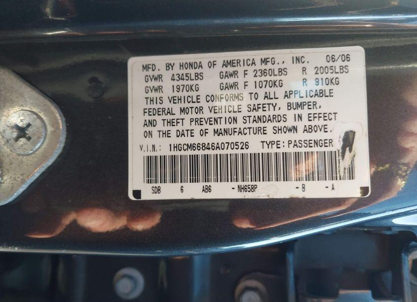 Photo 9 of 2006 Honda Accord 3.0 EX (VIN 1HGCM66846A070526)