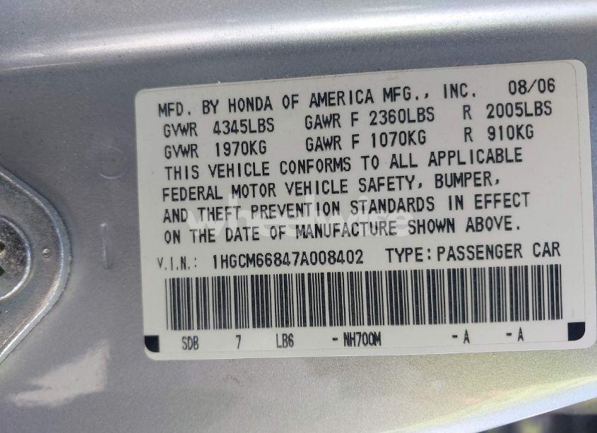 Photo 9 of 2007 Honda Accord 3.0 EX (VIN 1HGCM66847A008402)