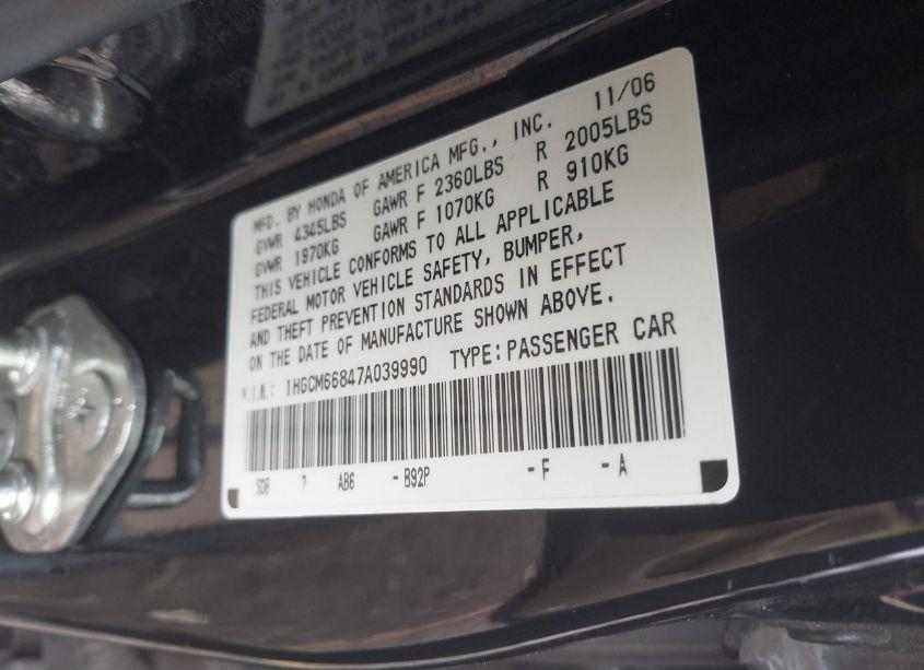Photo 9 of 2007 Honda Accord 3.0 EX (VIN 1HGCM66847A039990)