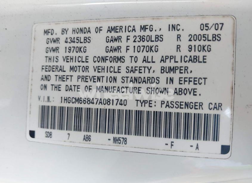 Photo 9 of 2007 Honda Accord 3.0 EX (VIN 1HGCM66847A081740)