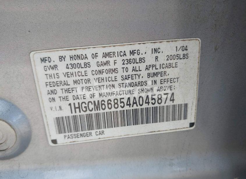 Photo 9 of 2004 Honda Accord SDN EX (VIN 1HGCM66854A045874)
