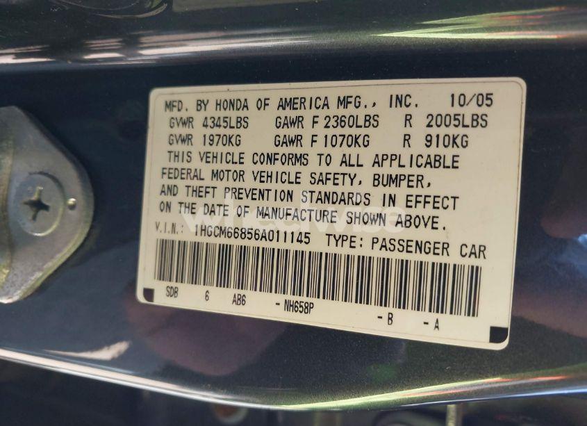 Photo 9 of 2006 Honda Accord 3.0 EX (VIN 1HGCM66856A011145)