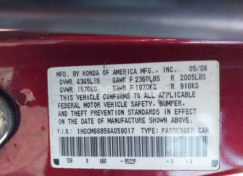 Photo 9 of 2006 Honda Accord 3.0 EX (VIN 1HGCM66856A059017)