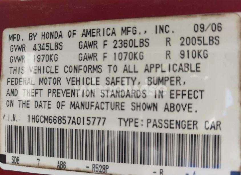 Photo 9 of 2007 Honda Accord 3.0 EX (VIN 1HGCM66857A015777)