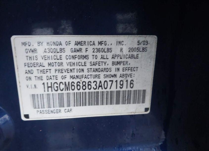 Photo 9 of 2003 Honda Accord 3.0 EX (VIN 1HGCM66863A071916)