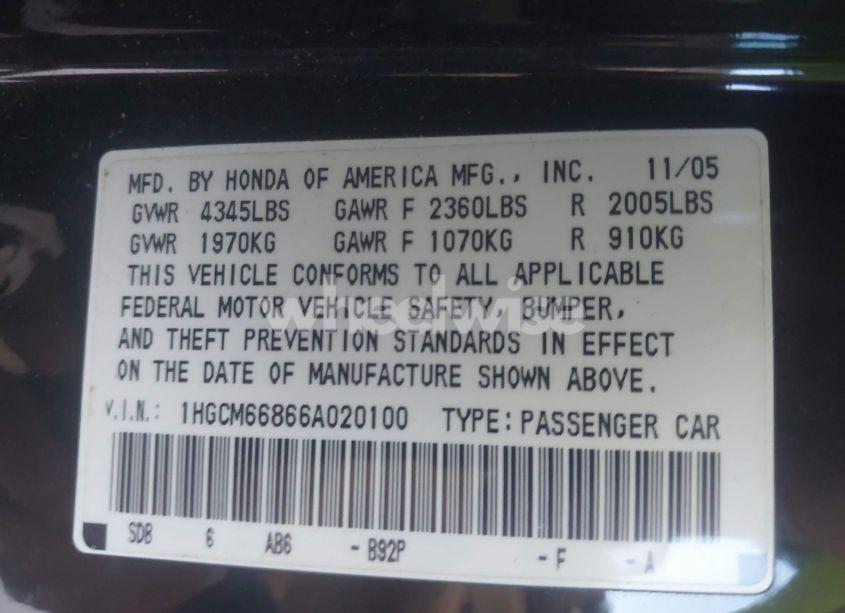Photo 9 of 2006 Honda Accord 3.0 EX (VIN 1HGCM66866A020100)