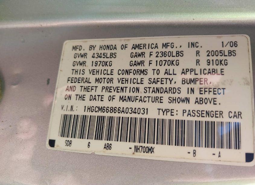 Photo 9 of 2006 Honda Accord 3.0 EX (VIN 1HGCM66866A034031)