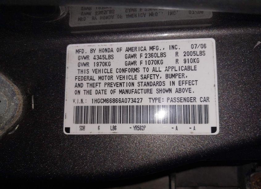 Photo 9 of 2006 Honda Accord 3.0 EX (VIN 1HGCM66866A073427)