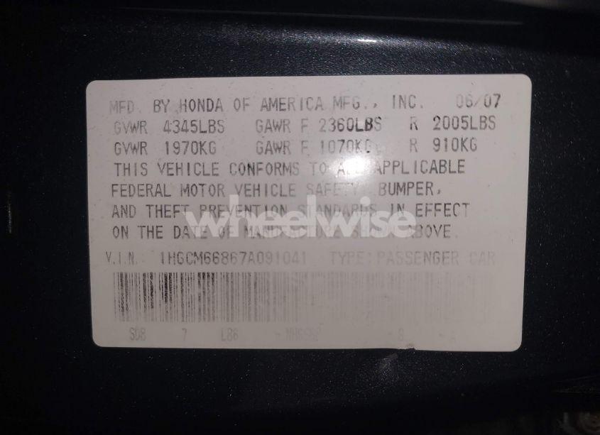 Photo 9 of 2007 Honda Accord 3.0 EX (VIN 1HGCM66867A091041)
