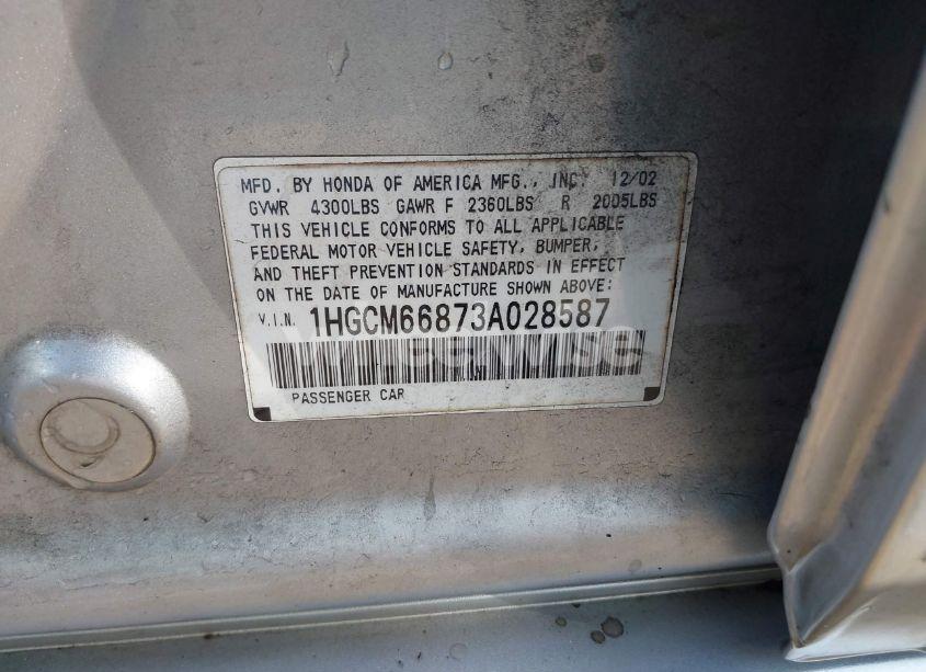 Photo 9 of 2003 Honda Accord 3.0 EX (VIN 1HGCM66873A028587)