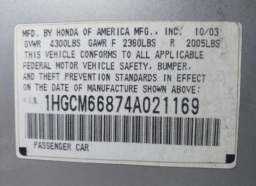 Photo 9 of 2004 Honda Accord 3.0 EX (VIN 1HGCM66874A021169)