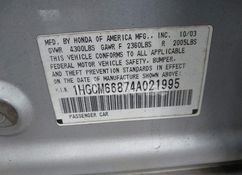 Photo 9 of 2004 Honda Accord 3.0 EX (VIN 1HGCM66874A021995)