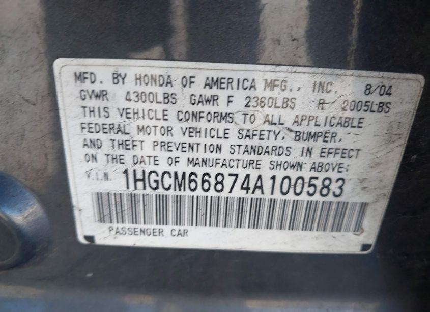 Photo 9 of 2004 Honda Accord 3.0 EX (VIN 1HGCM66874A100583)