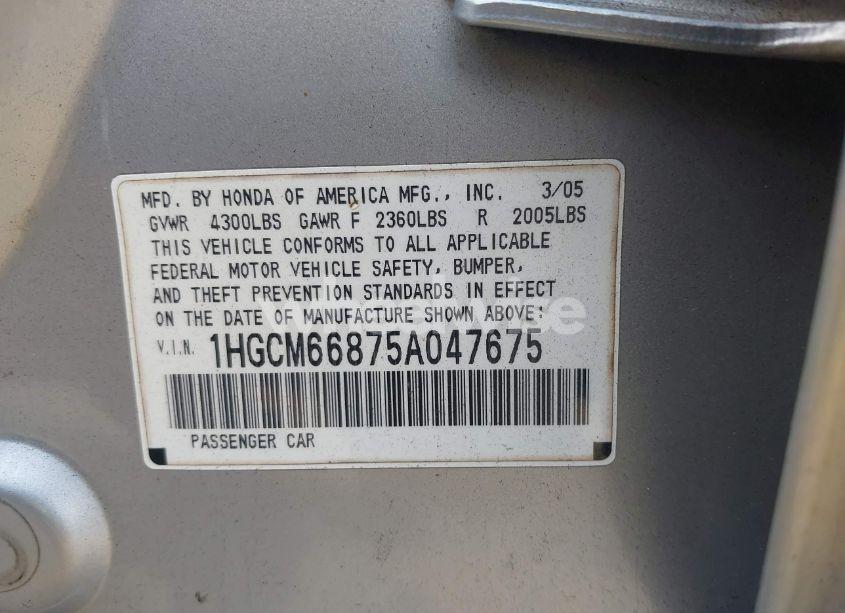 Photo 9 of 2005 Honda Accord 3.0 EX (VIN 1HGCM66875A047675)