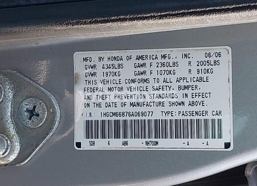 Photo 9 of 2006 Honda Accord 3.0 EX (VIN 1HGCM66876A069077)