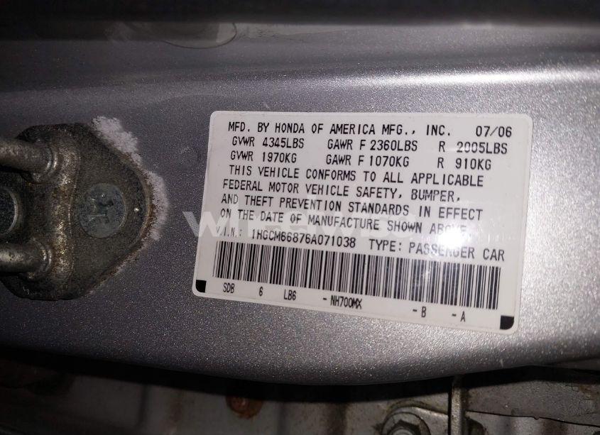 Photo 9 of 2006 Honda Accord 3.0 EX (VIN 1HGCM66876A071038)