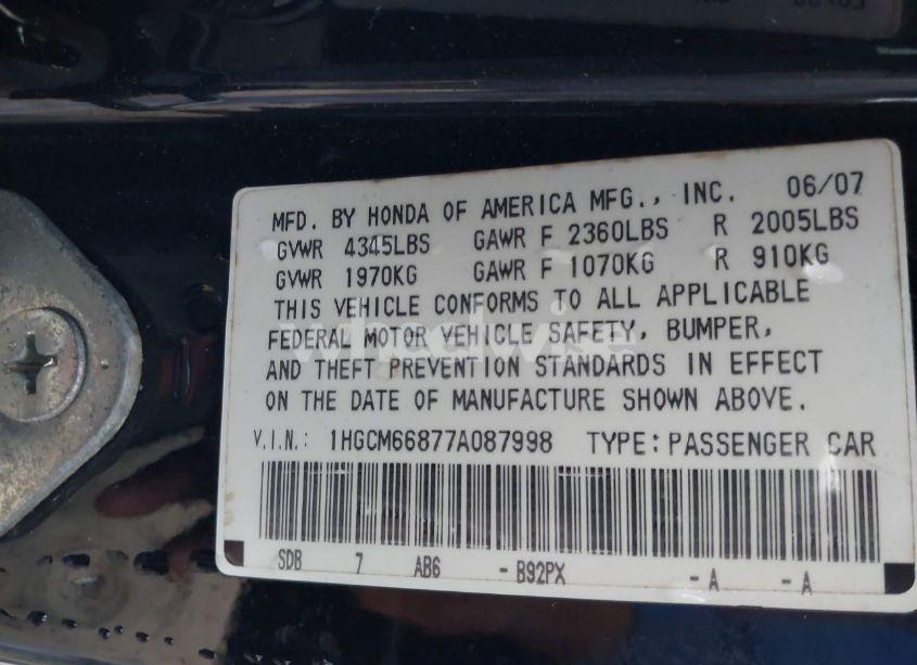 Photo 9 of 2007 Honda Accord 3.0 EX (VIN 1HGCM66877A087998)